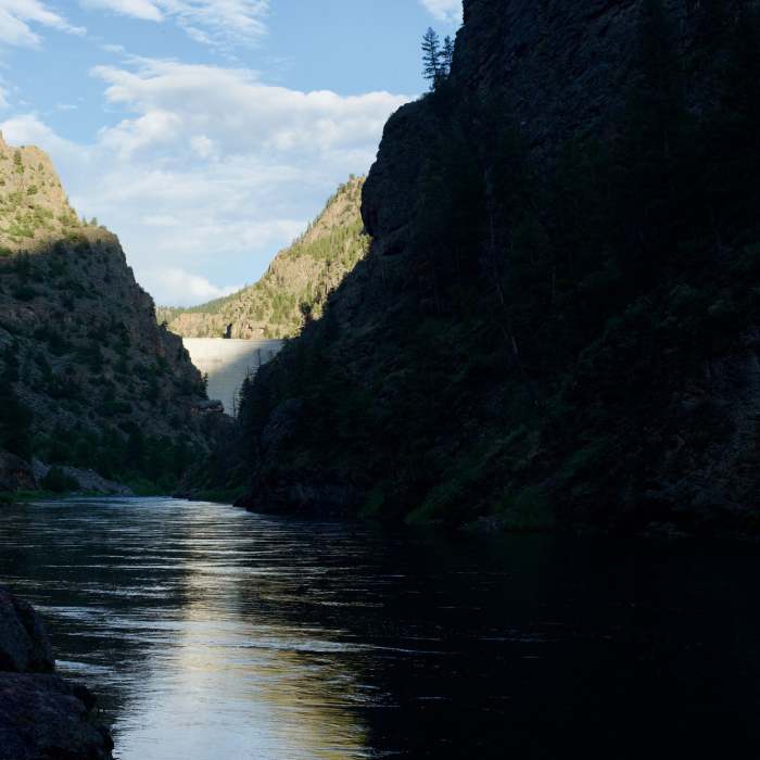 From the end of the trail, looking back at the Morrow Point Dam. Near Mesa Creek Trail