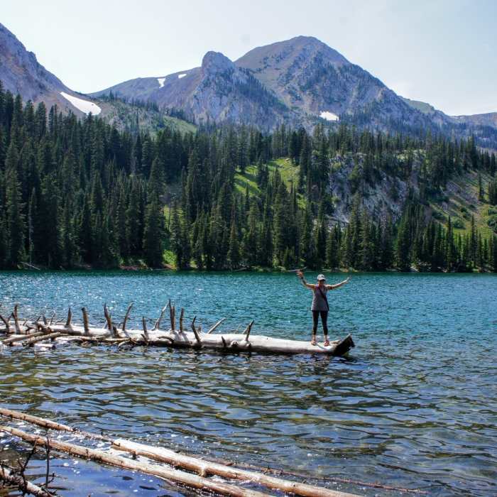 Balancing on driftwood of Fairy Lake Near Fairy Lake Trail