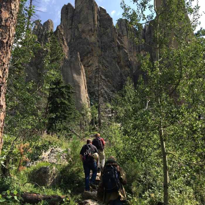 Spire 2 and the Khayyam Spire towering above the trail Near Cathedral Spires Spur Trail