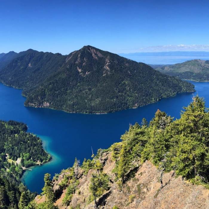 View of Lake Crescent and Pyramid Peak from Storm King Trail. Near Mt. Storm King Trail