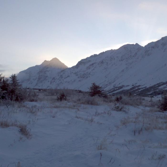 Flattop ridge from Middle Fork. From left to right there is Ptarmigan Peak, Flaketop, Peak 3 and Peak 2. Flattop is off the picture to the right. Near Little O'Malley Out-and-Back