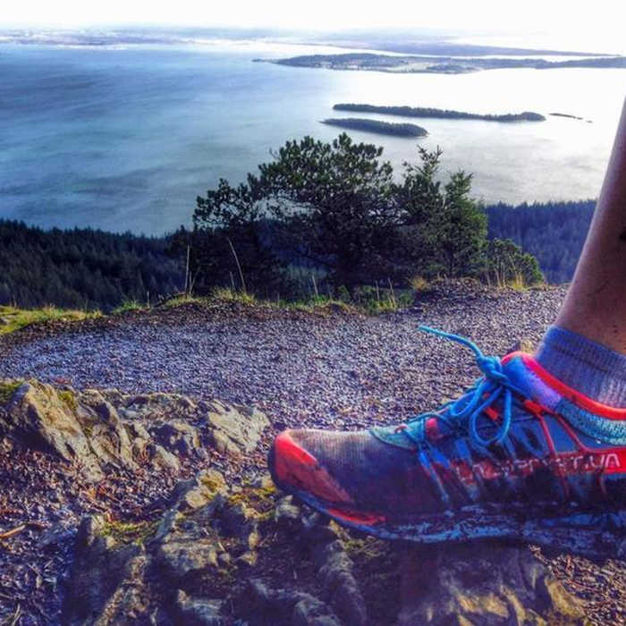 The view towards Bellingham on the mainland and Mt. Baker on a clear day. Near Mt. Constitution Trail