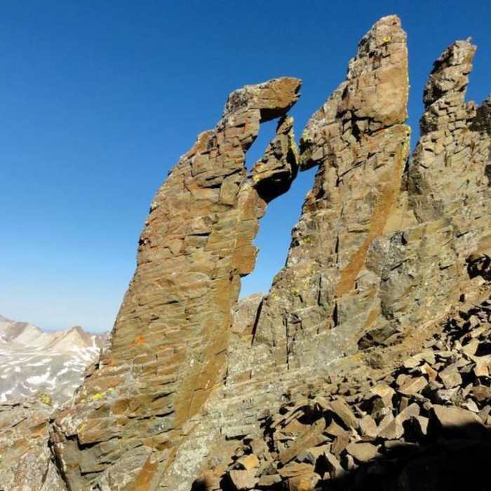 The "Kissing Camels." This rock formation marks the end of gully jumping before attaining ridge proper. Near Mount Sneffels Southwest Ridge
