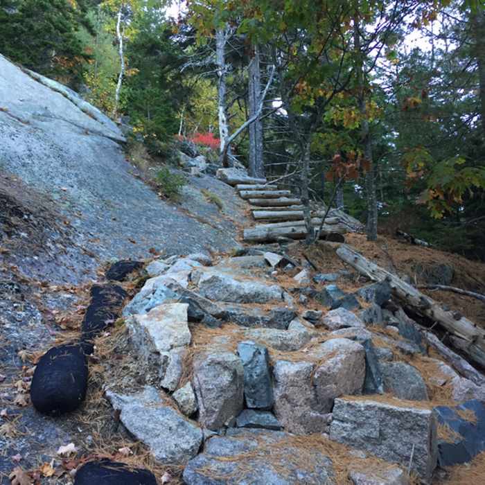 Climbing the stairs on Goat Trail. This is the easier part of the climb, even a 9yr could do it. Near Norumbega Mountain Loop