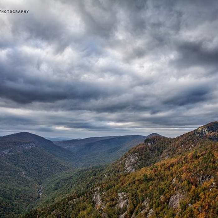 Tablerock Mountain (to the right) from Shortoff Mountain. Near Linville Gorge Wilderness Loop