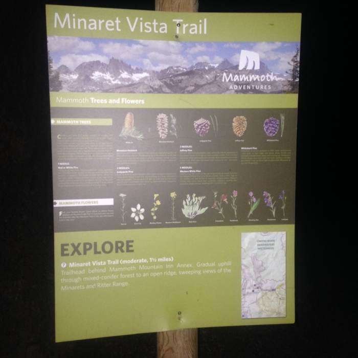 Mineret Vista trailhead sign. Near Minaret Vista Trail