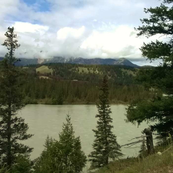 Looking northwest across the Athabasca River to Pyramid Mountain in the clouds, from the Athabasca River Trail. Near Athabasca River Trail