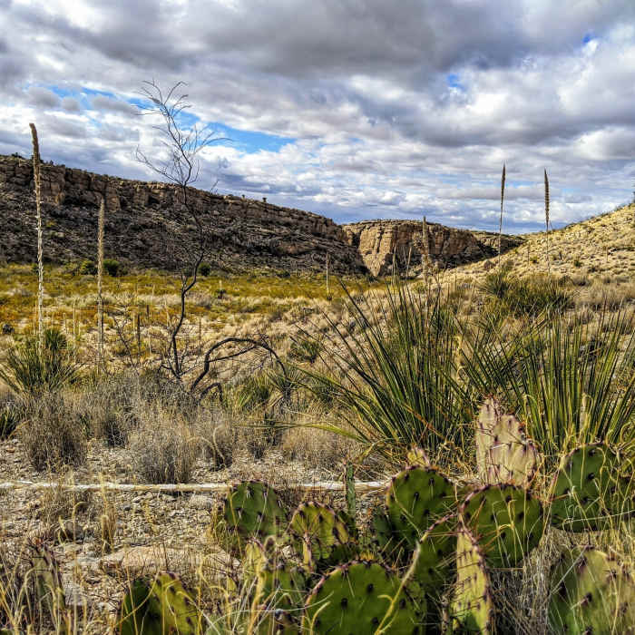 The notch in the distance is the entrance to Devil's Den Near Dog Canyon to Devil's Den Loop