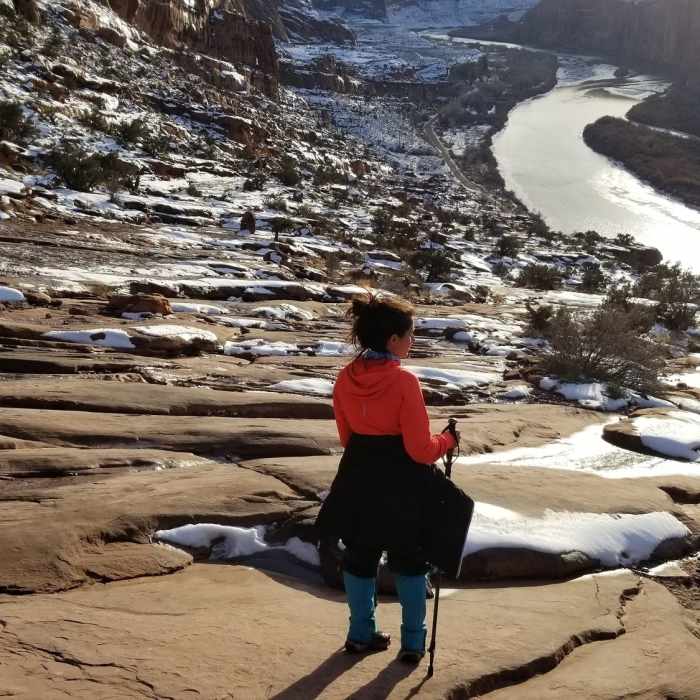 Descending from the rim on snowy slickrock was tricky, but the views were certainly worth it. Near Moab Rim Trail