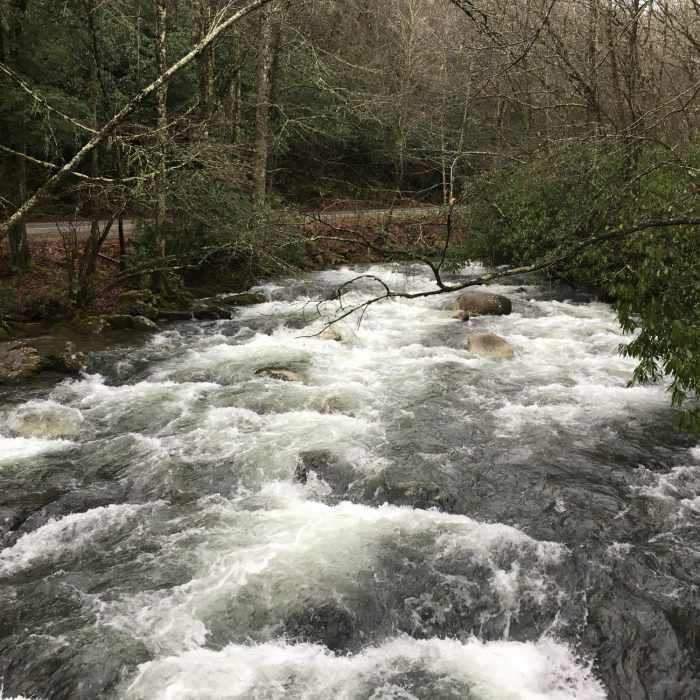 The Oconaluftee River running under the bridge as you leave the trailhead. Near Kephart Prong Trail