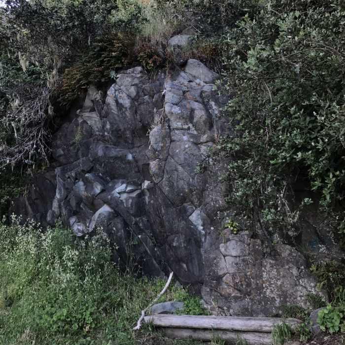 A weathered bench at the base of a large rock outcrop sits near the end of the Parker Creek Trail. Near Parker Creek Trail