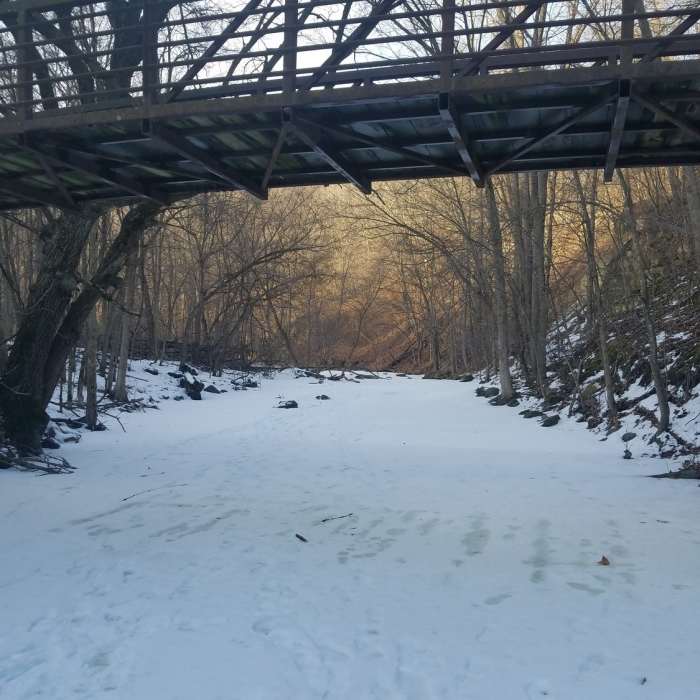 Walking Under a Bridge on Frozen Seven Mile Creek. Near Seven Mile Creek Hike