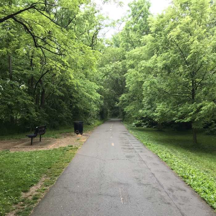 A bench facing West towards the Olentangy River on the Olentangy Trail Near Olentangy Trail