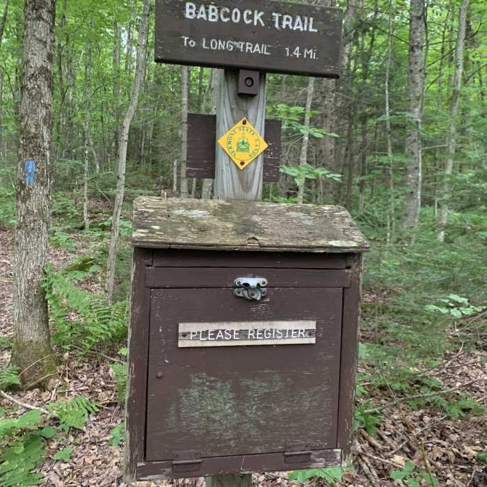 Trail register just south of VT-118 on the Babcock Trail. Near Babcock Trail