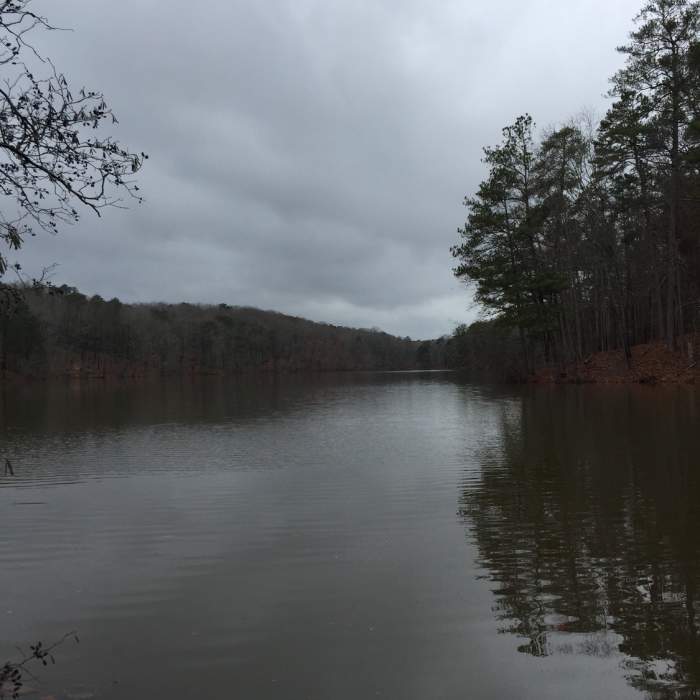 Venable Lake is pleasant when viewed from the beginning of the land bridge between it and the larger Stone Mountain Lake. Near Lakeside Loop