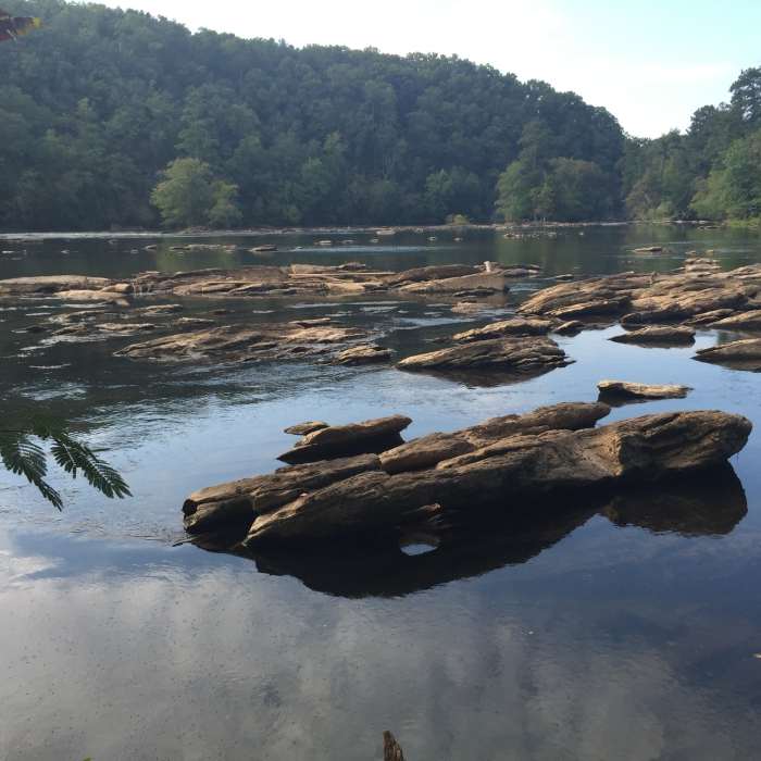 Looking out across the shoals on the river. Near West Palisades Route