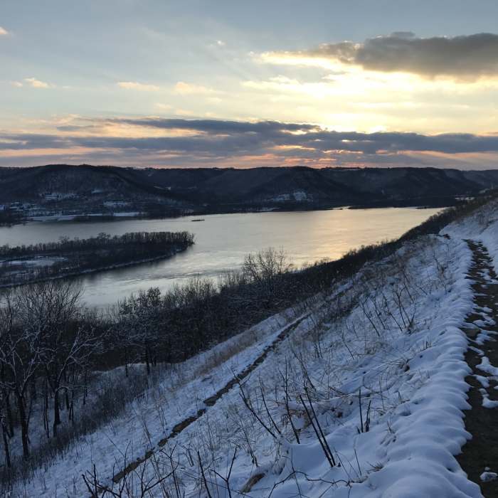 A winter sun sets over the goat prairie switchback on the Brady's Bluff Trail. Near Perrot Ridge/Brady's Bluff Figure 8