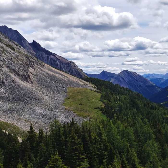 Viewpoint on Ptarmigan Cirque Trail, overlooking Highwood Pass. Near Ptarmigan Cirque Interpretive Loop