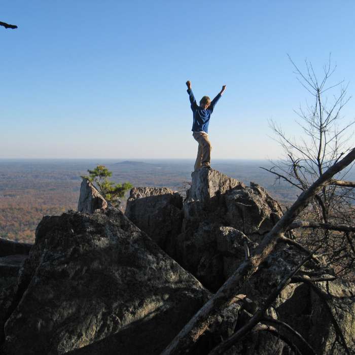 Celebrating at the summit of The Pinnacle at Crowder Mountain SP. Near The Pinnacle