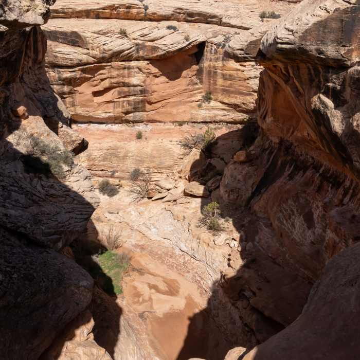 A large pour-off and the beginning of the more scenic portion of Slickhorn Canyon. Near Slickhorn Canyon